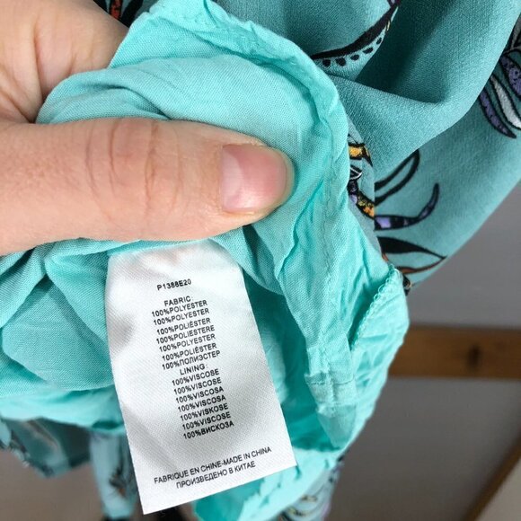 MOLLY BRACKEN Green Leaf Motif Lined‎ Ruffle V Neck Dress Sz L - Picture 6 of 6